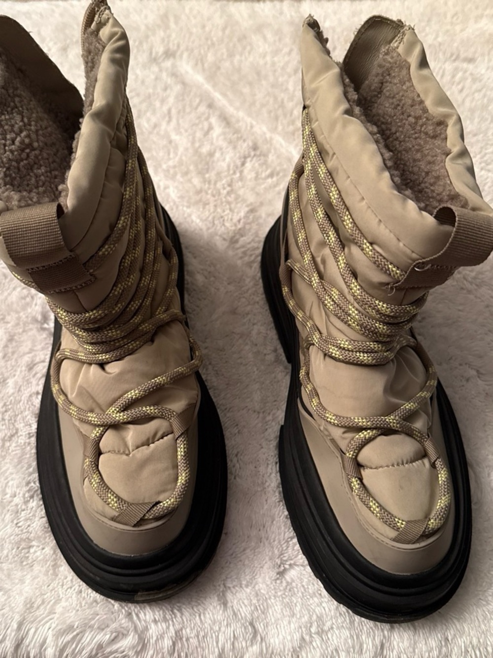 Zara Beige Winter Lace-Up Boots with Black Sole